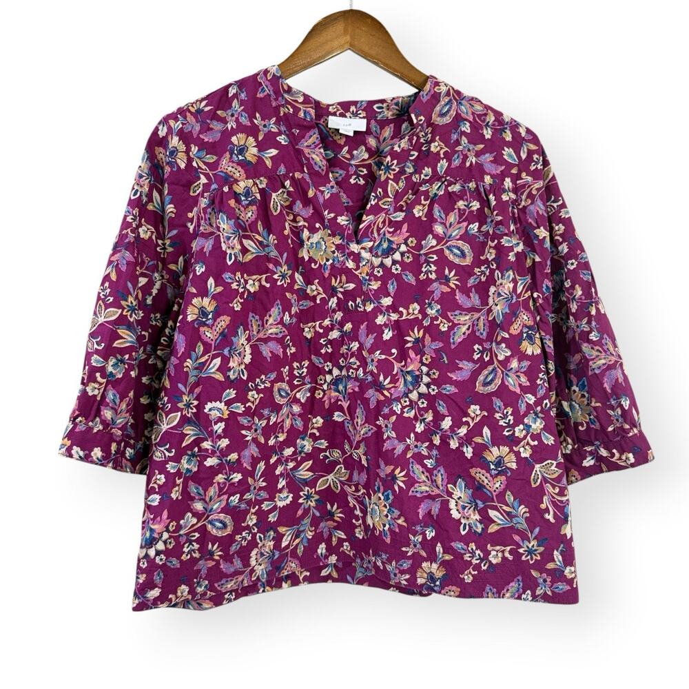 J. Jill Shirred Popover Top Womens MP Plum Jacobean Garden Floral Blouse Petite